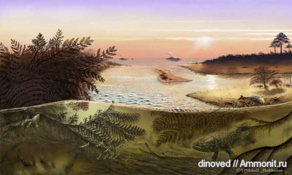 девон, Devonian, палеоарт, Holoptychius, Тиман, Rhacophyton