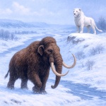 Белый, безгривый, полярный пещерный лев и мамонт в условиях плейстоценовой холмистой лесотундры